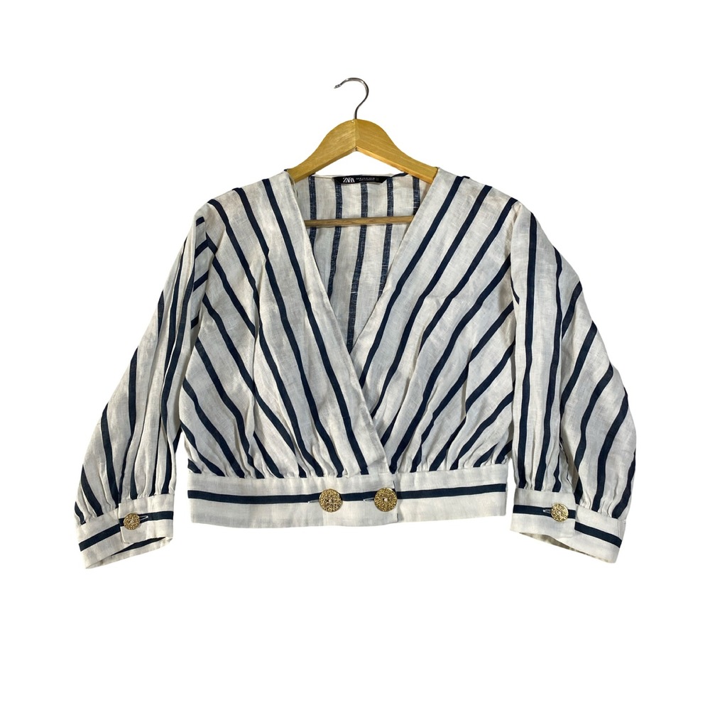 Zara Womens Navy Blue White Striped Linen Wrap Crop Top Gold Button Size Medium - Picture 10 of 10